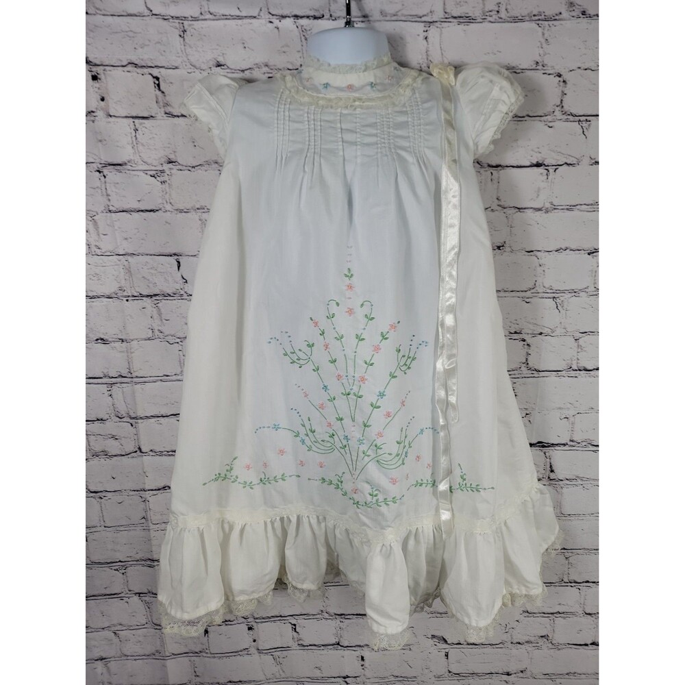 Vintage Little Girls White Dress With Embroidered Floral Design Christening